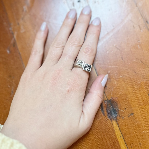 925 STERLING SILVER Vintage Ring with Aquamarine Stone and P Initial Size 9.5 - Picture 4 of 7